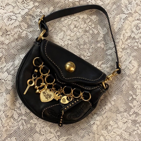 Y2K Juicy Couture VINTAGE CHARM Mini bag BLACK LEATHER PURSE WRISTLET - Picture 4 of 14